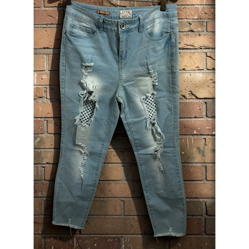 Elite Distressed Light Blue Wash Jeans Sz 11/12 High Rise Ripped Net Raw Hem